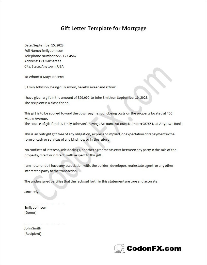 Editable gift letter for mortgage template with customizable sections