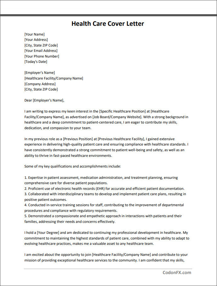 health care cover letter template Optimized layout and structure of a health care cover letter template for better readability