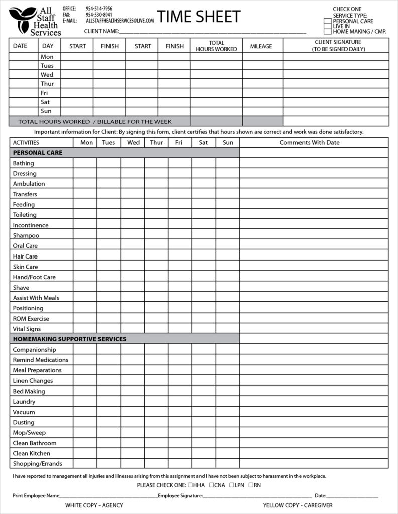 Printable Home Health Aide Timesheet Template