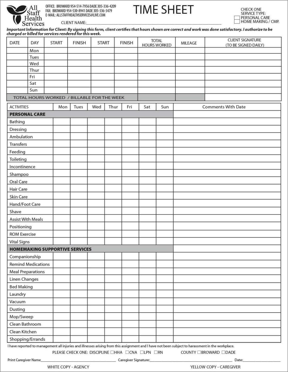 Printable Home Health Care Timesheet Template