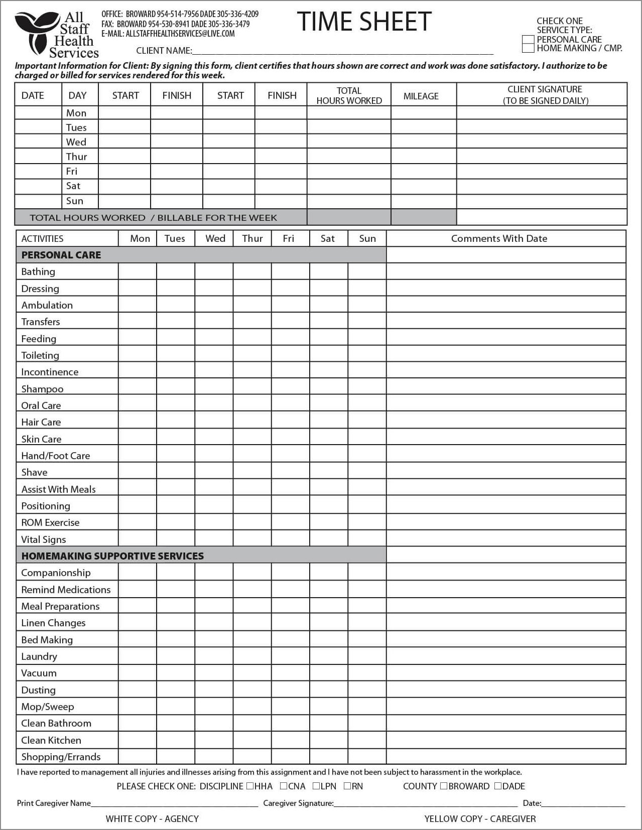 home health care timesheet template sample