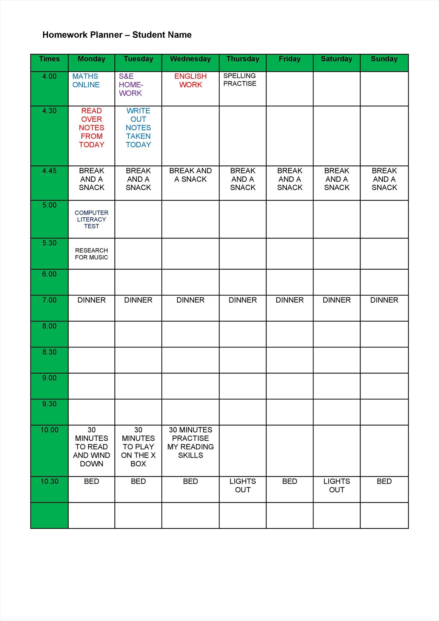 homework planner template sample