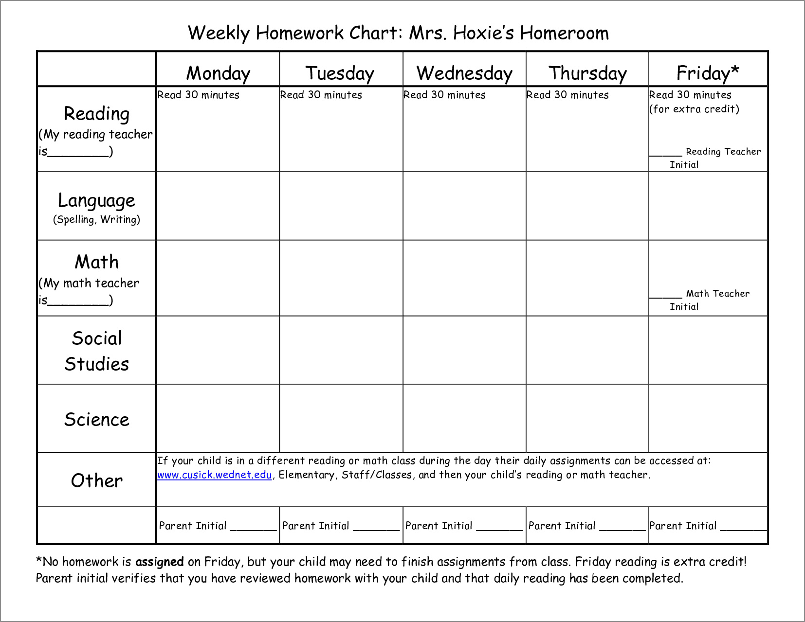 homework schedule template example