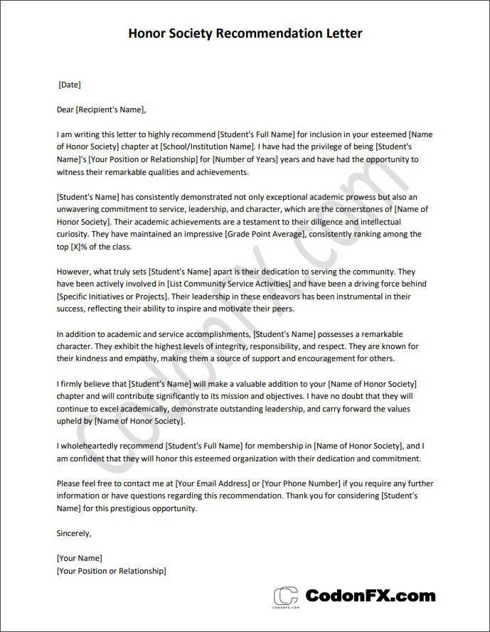 Individuals completing a blank honor society recommendation letter template