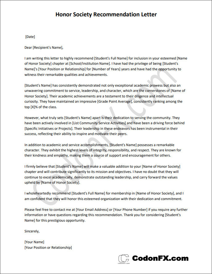 honor society recommendation letter template Individuals completing a blank honor society recommendation letter template