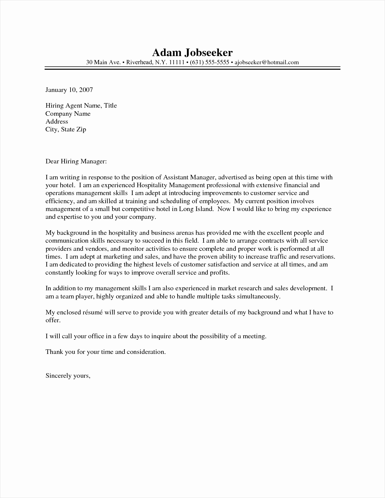 hospitality industry cover letter template