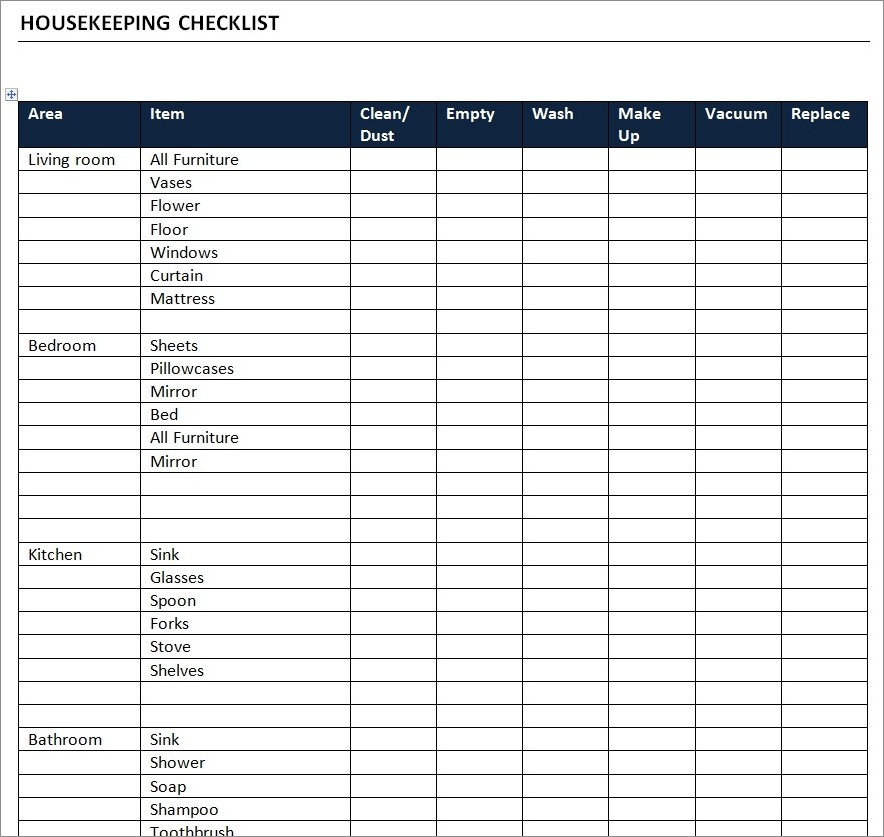 housekeeper checklist template sample