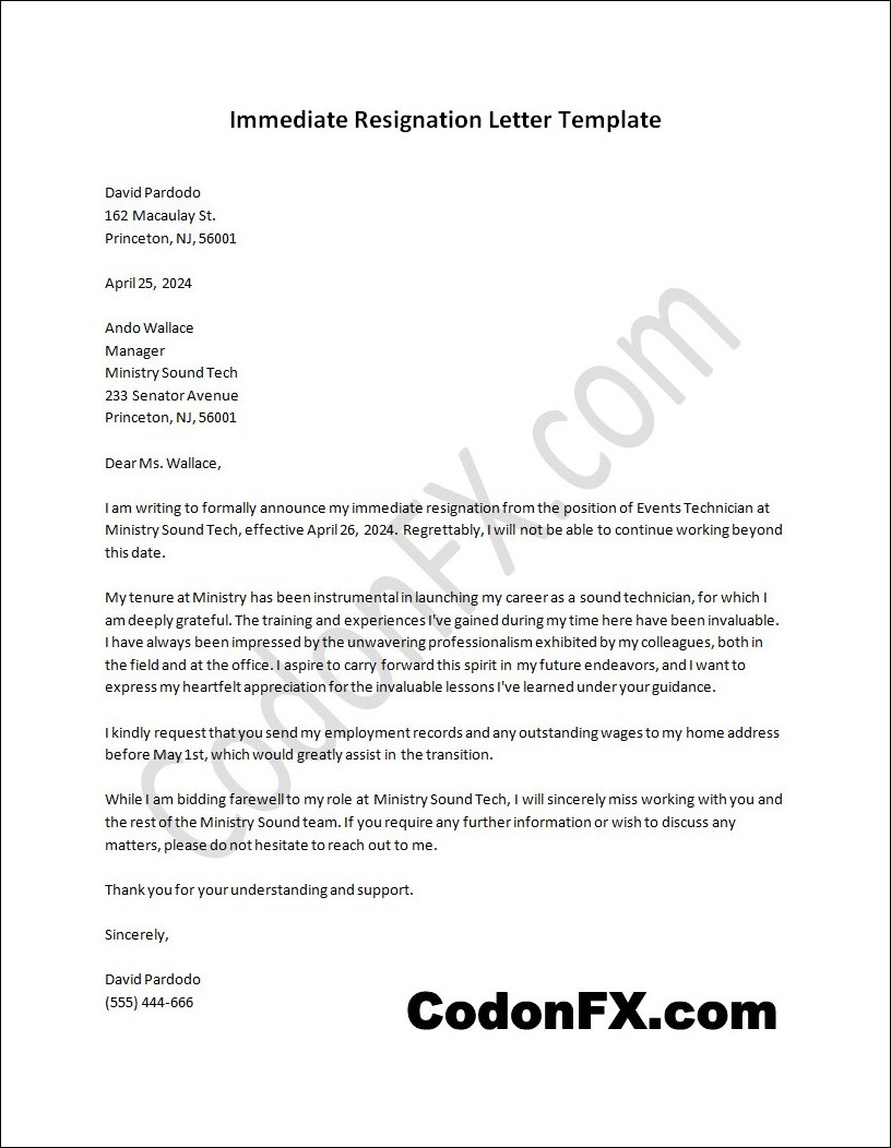 Editable immediate resignation letter template with customizable sections
