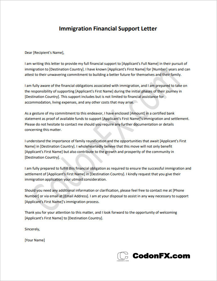 immigration financial support letter template Need an immigration financial support letter template? Craft a compelling letter for immigration with our easy-to-use template. Ensure your sponsorship is well-documented and increase your chances of approval.
