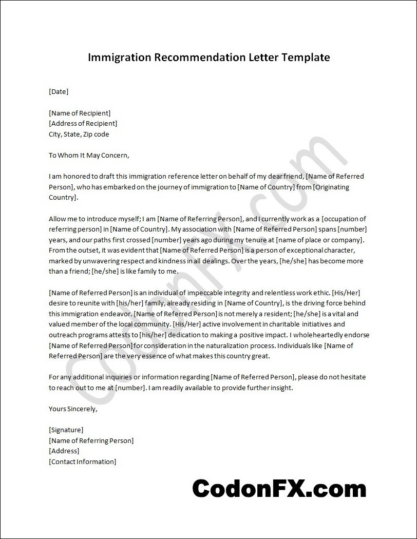 Editable immigration recommendation letter template with customizable sections