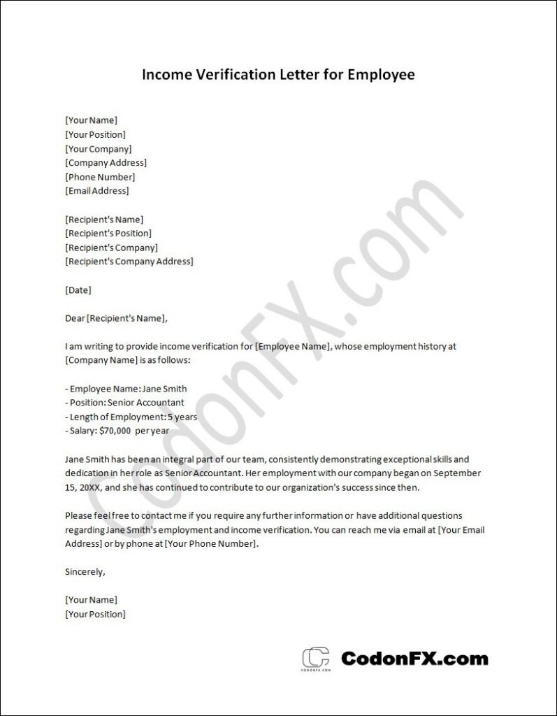 Income Verification Letter for Employee (Printable Template)