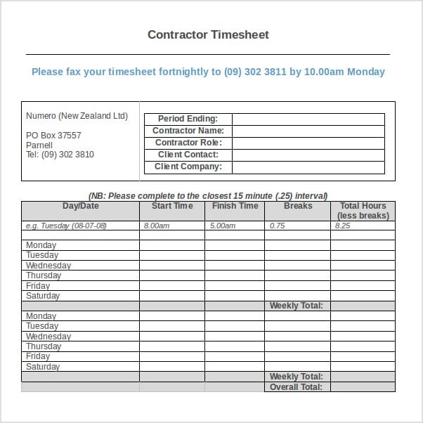 independent contractor timesheet template example