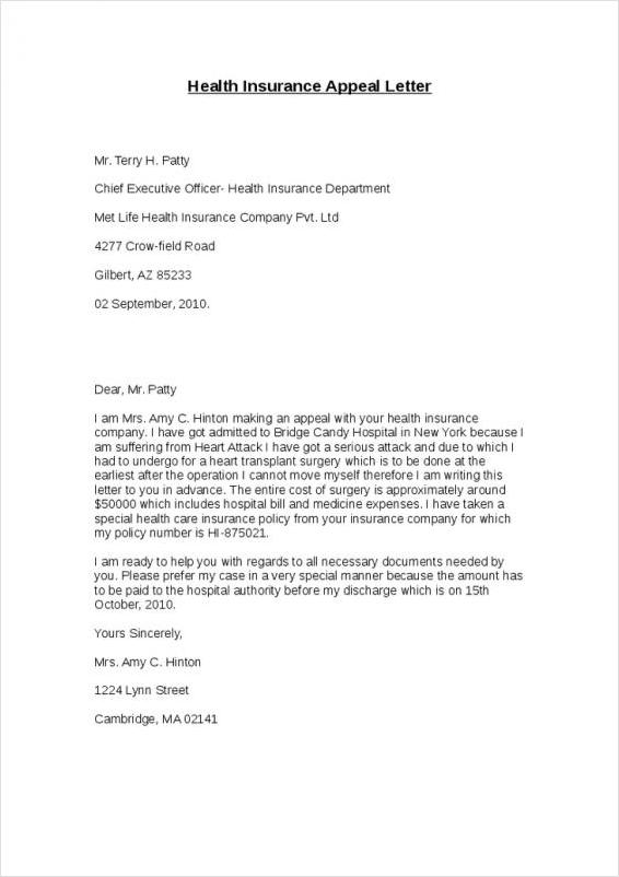 insurance company appeal letter template