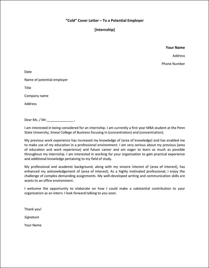 internship cover letter template example