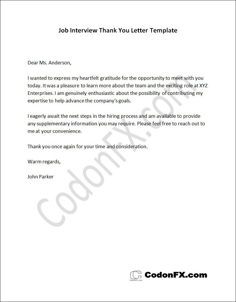 Free printable job interview thank you letter template with customizable sections