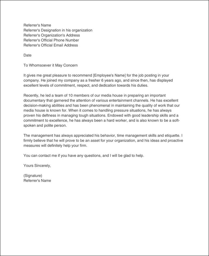 job letter of recommendation template example