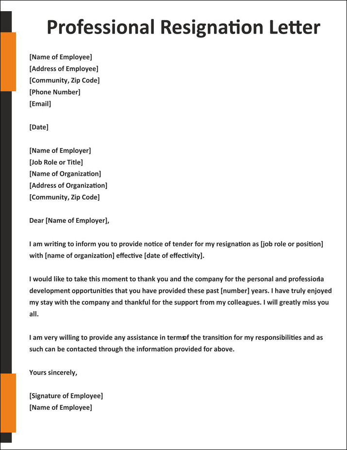 job resignation letter template example