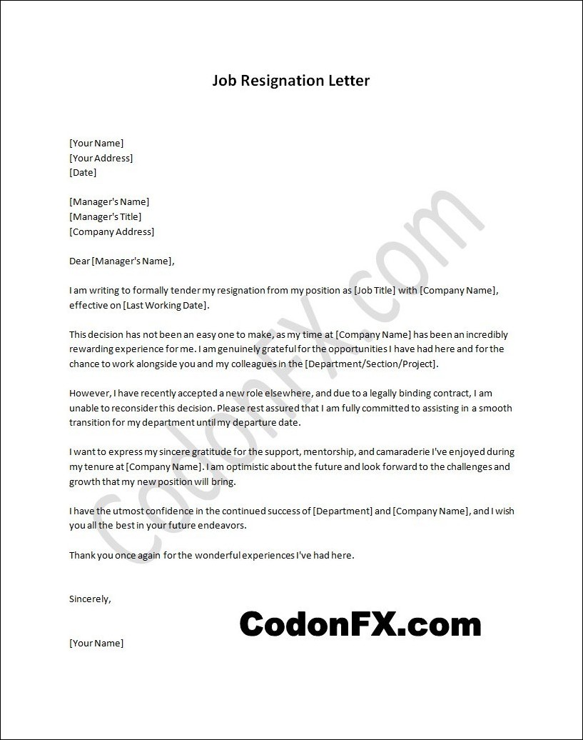 Editable job resignation letter template with customizable sections