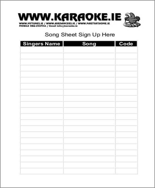 karaoke sign up sheet template sample