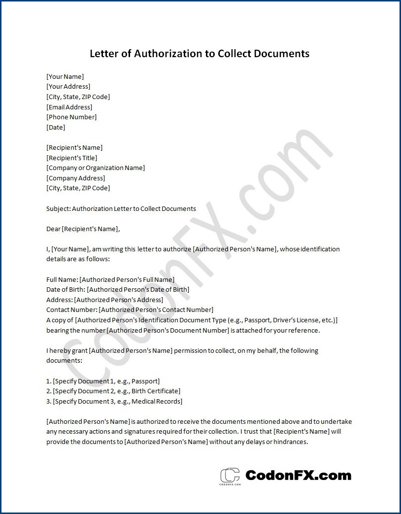 letter of authorization template to collect documents Streamline document retrieval with our letter of authorization template. Authorize someone to collect documents on your behalf quickly and easily. Get started now!