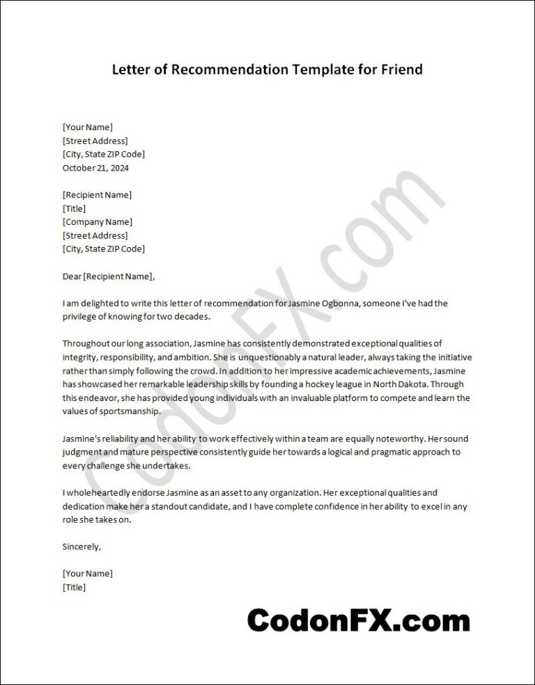 Letter of Recommendation Template for Friend