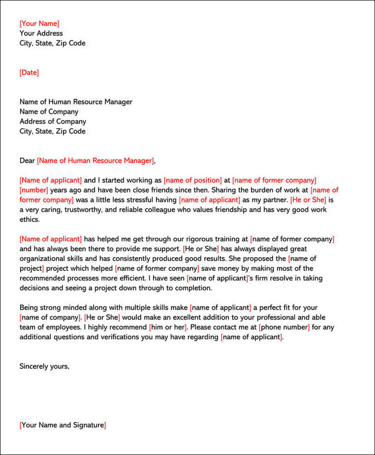letter of recommendation template for friend sample