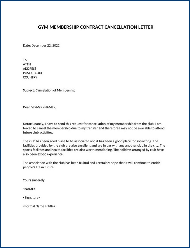 letter template to cancel gym membership example