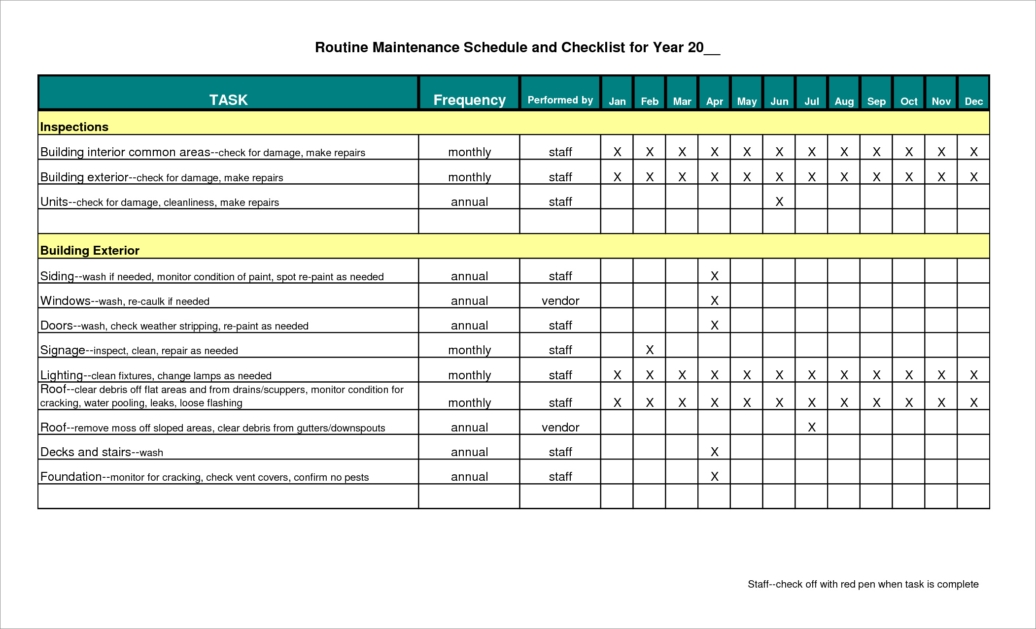 maintenance schedule template sample