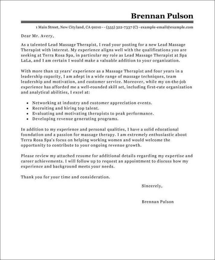 massage therapy cover letter example