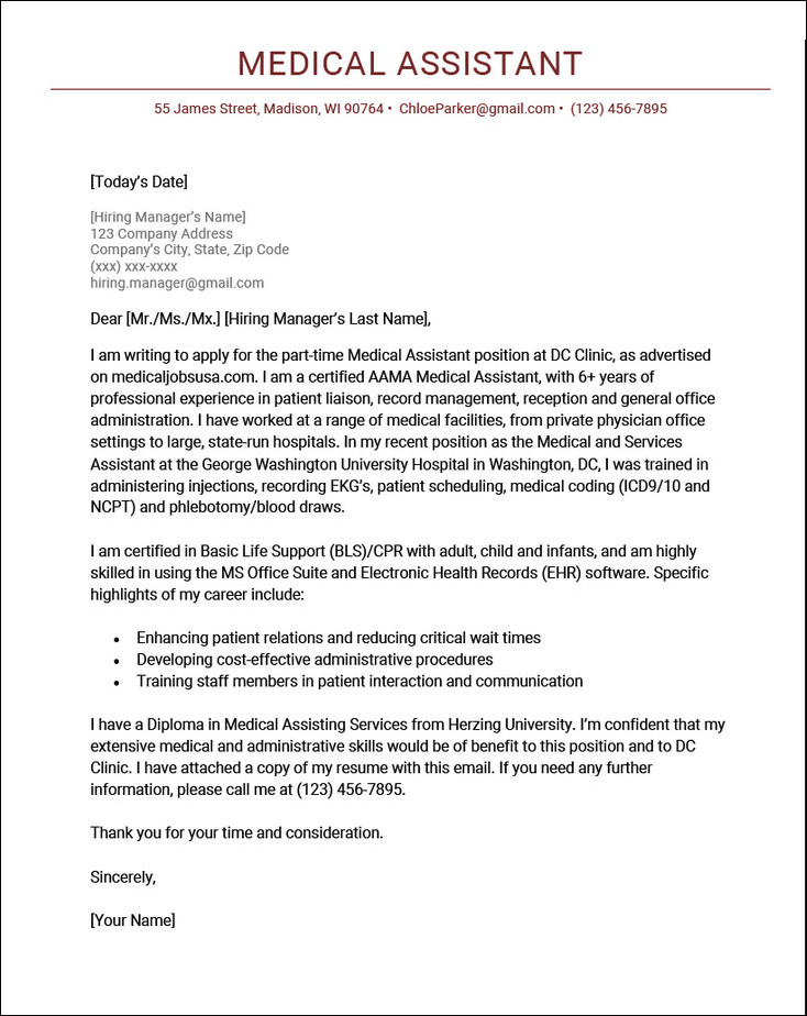 medical assistant cover letter template example