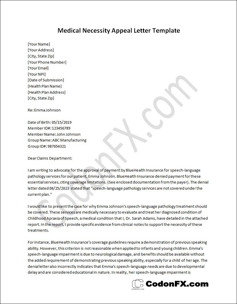Editable medical necessity appeal letter template with customizable sections