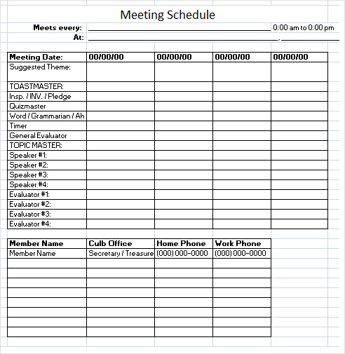 meeting schedule excel template example