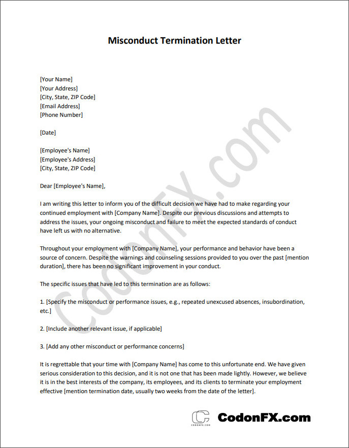 Free printable misconduct termination letter template with customizable sections