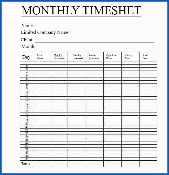 monthly employee timesheet template
