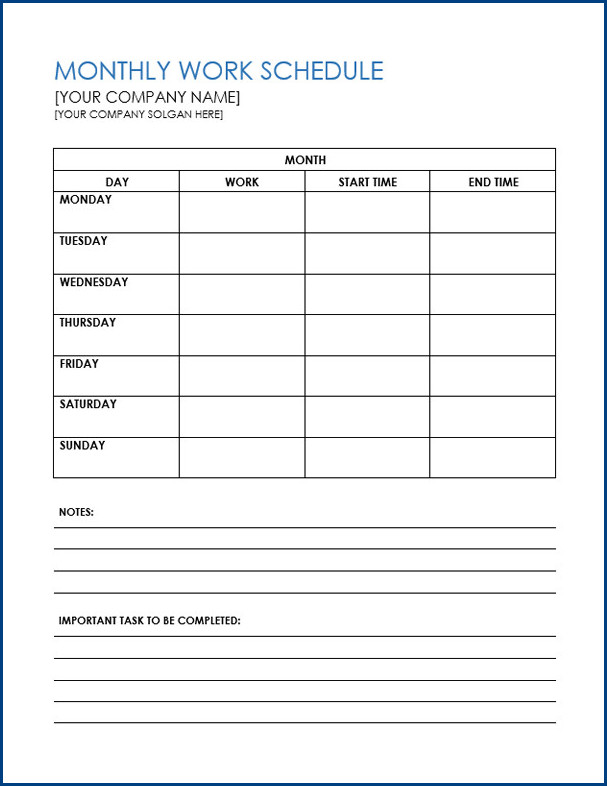 monthly work schedule template sample monthly work schedule template sample