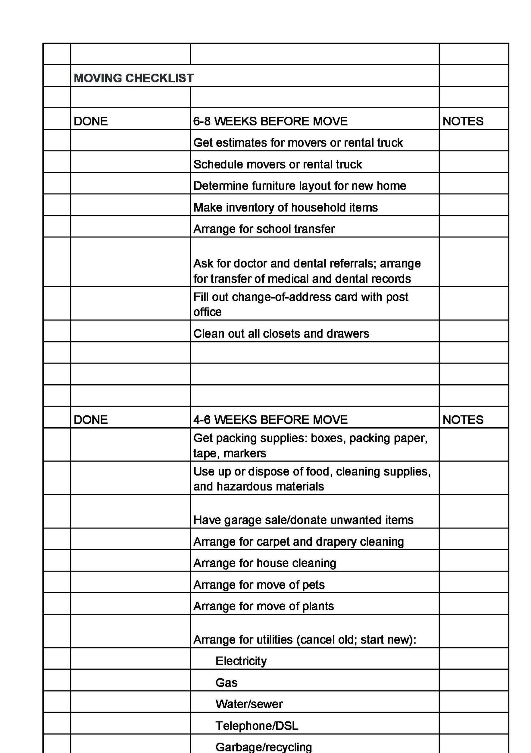 moving checklist template example