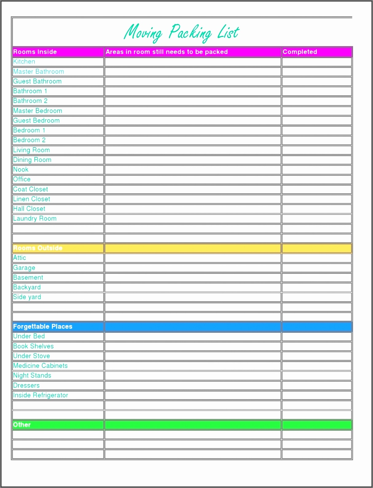 moving packing list template example