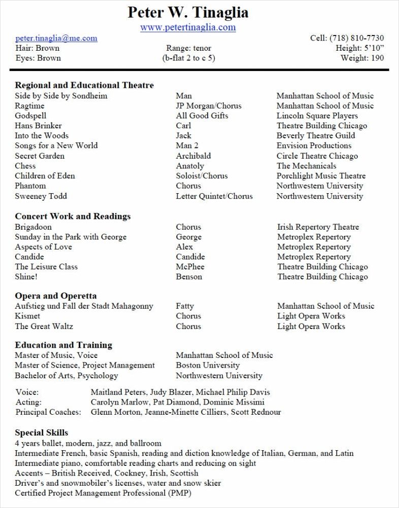 musical theatre resume template sample
