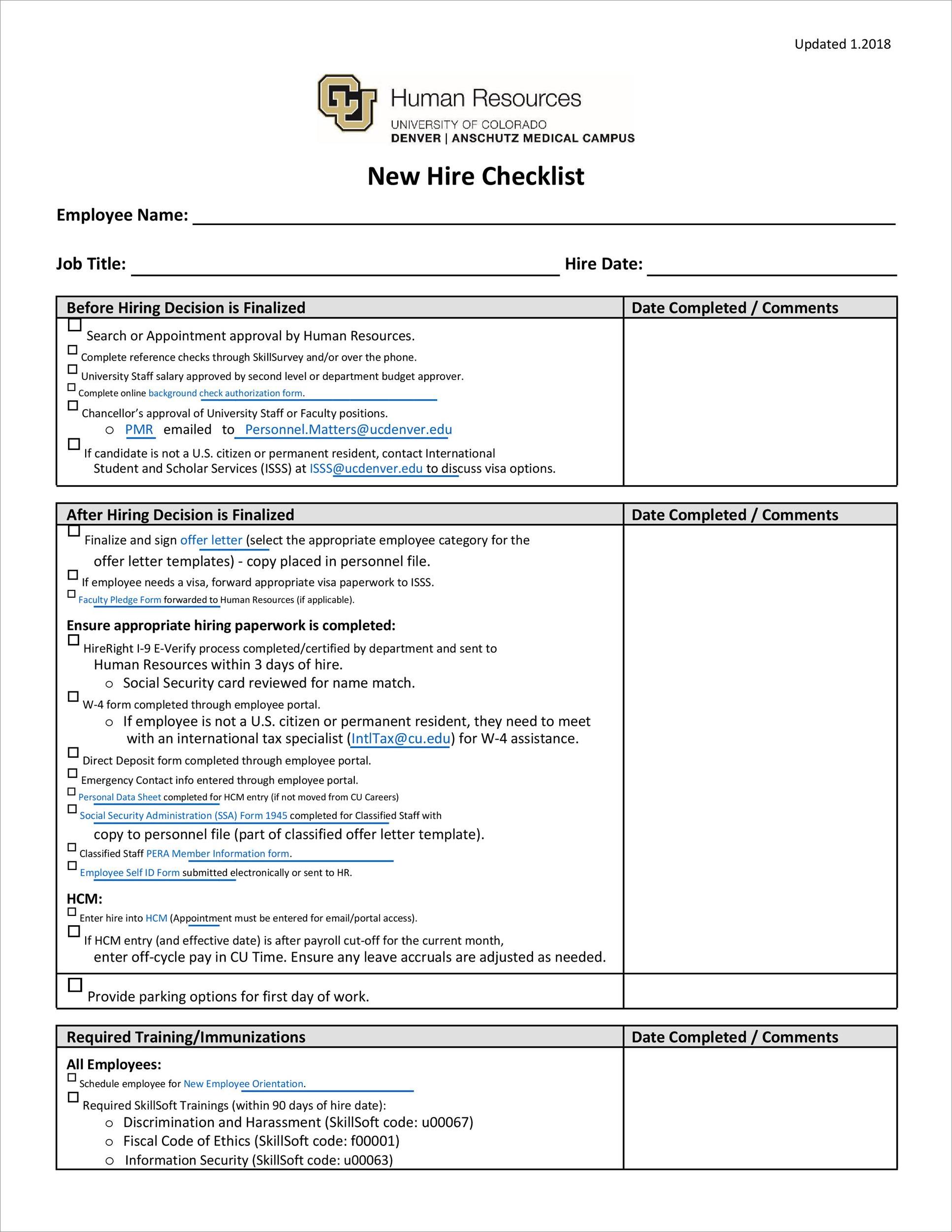 new hire checklist template sample