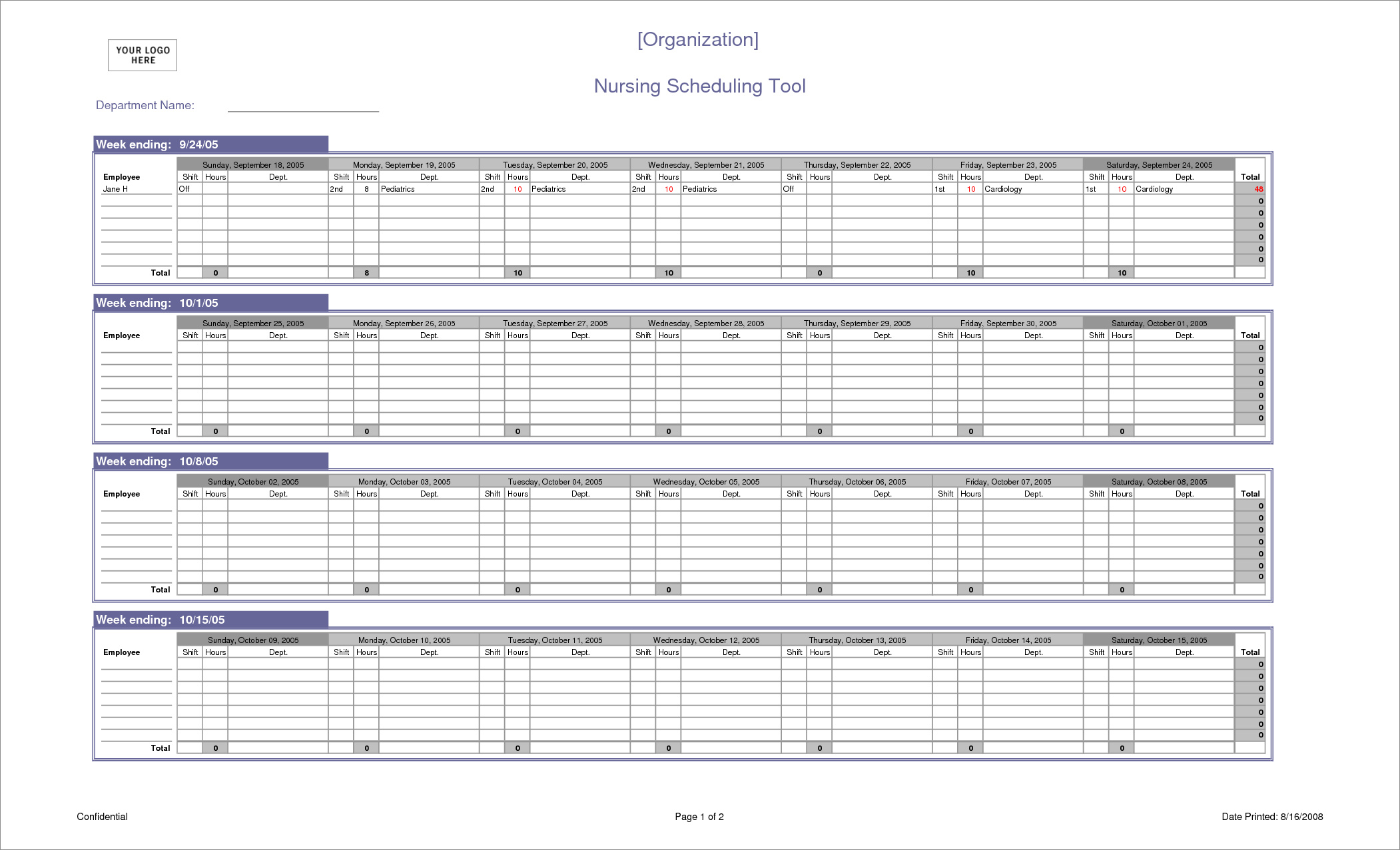 nurse schedule template sample
