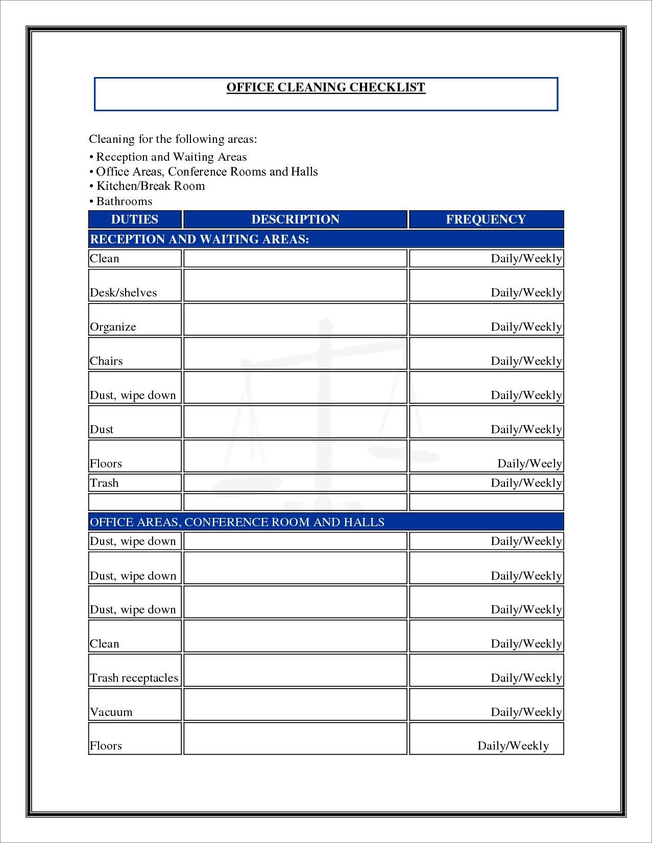 office cleaning schedule template example