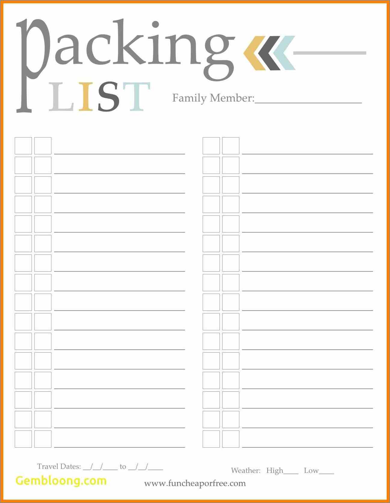 packing checklist template sample