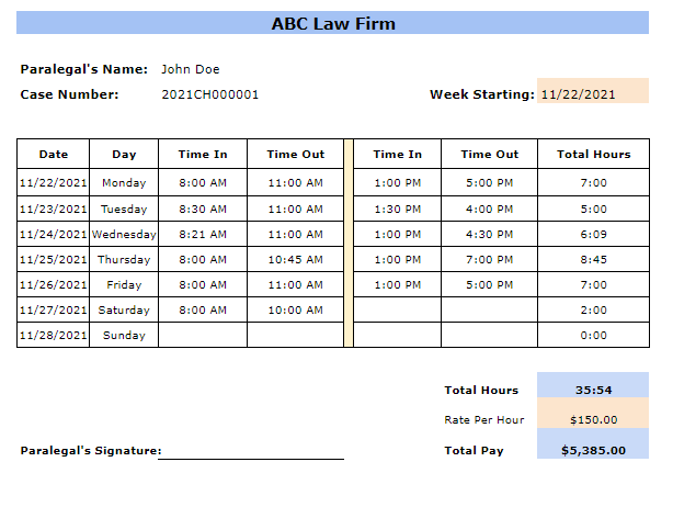 paralegal timesheet template example
