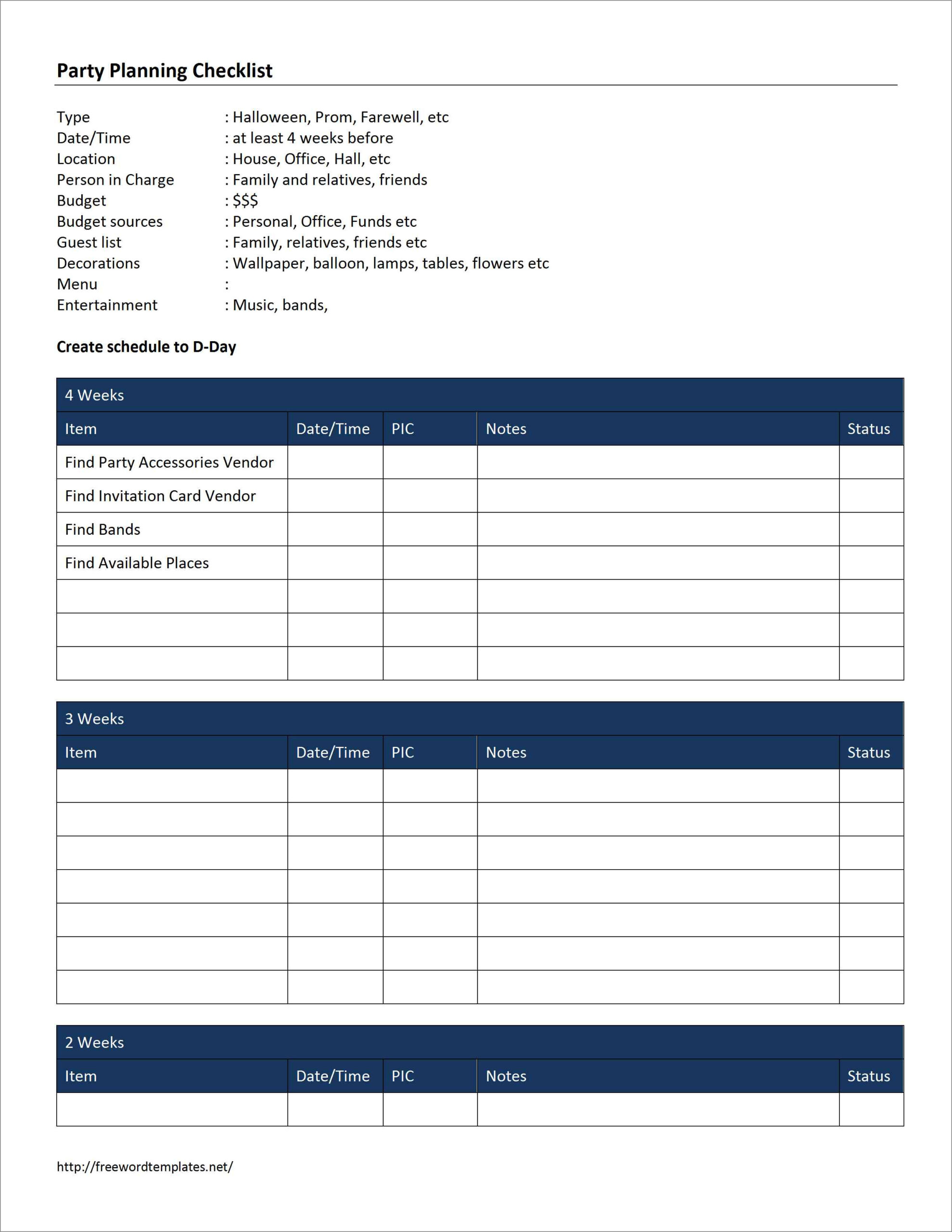 party checklist template example