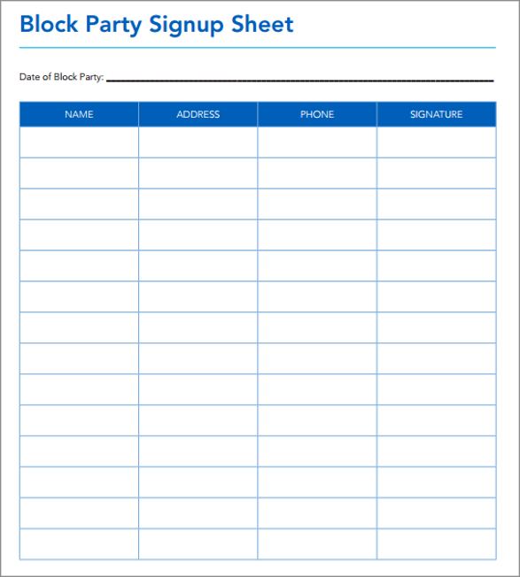 party sign-up sheet template example