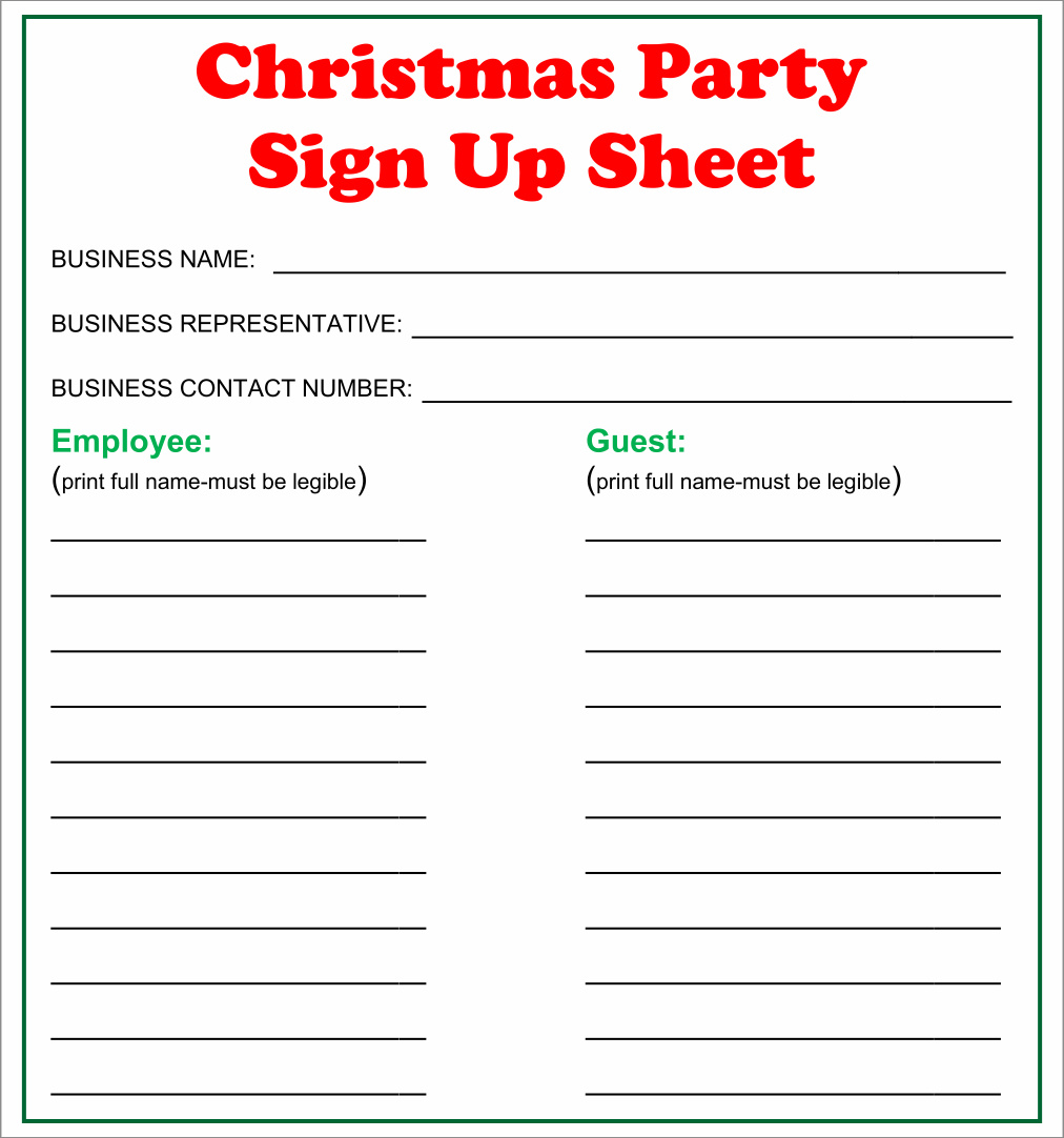 party sign-up sheet template sample