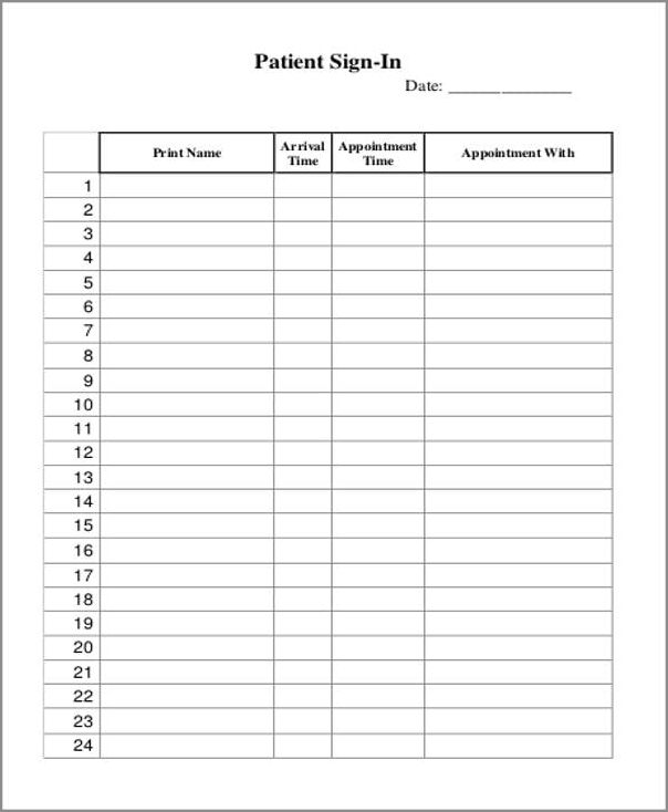patient sign in sheet template sample