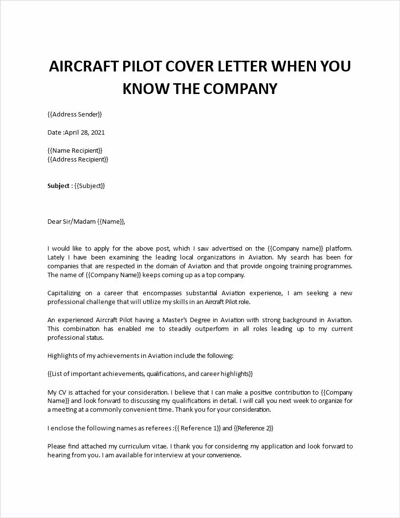 pilot cover letter template example