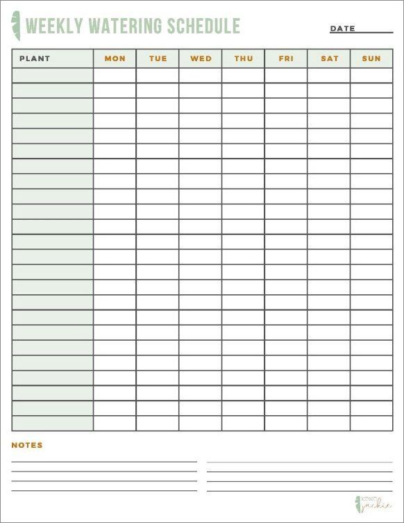 plant watering schedule template example