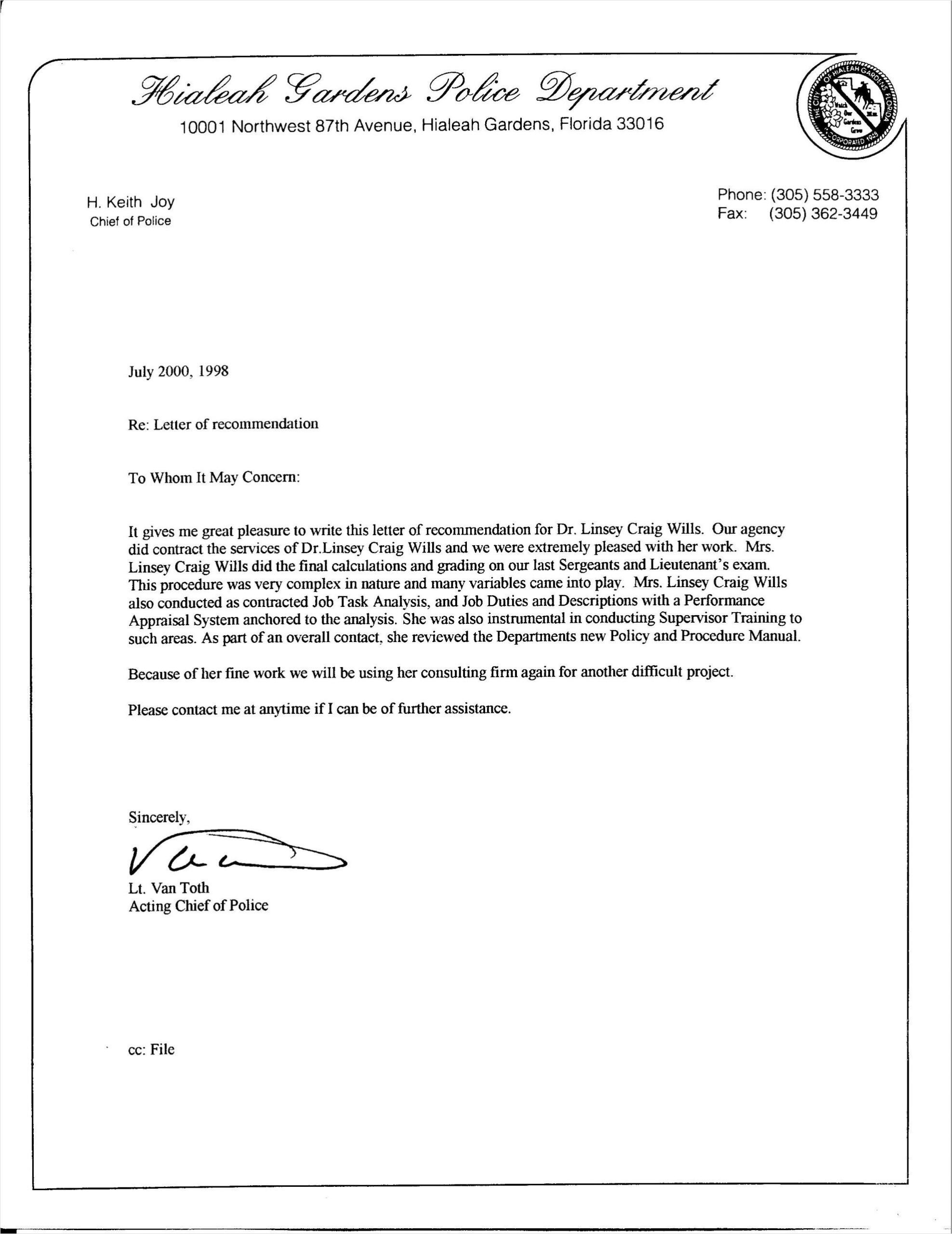 police officer recommendation letter template